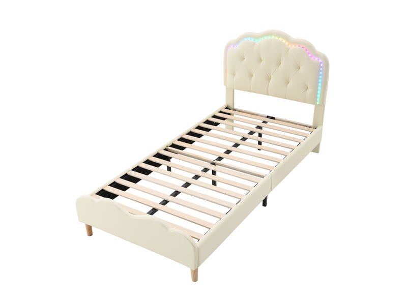  Lit enfant rembourré pu beige 90x200 cm, tête de lit ondulée avec led multicolore  - Conforama D
