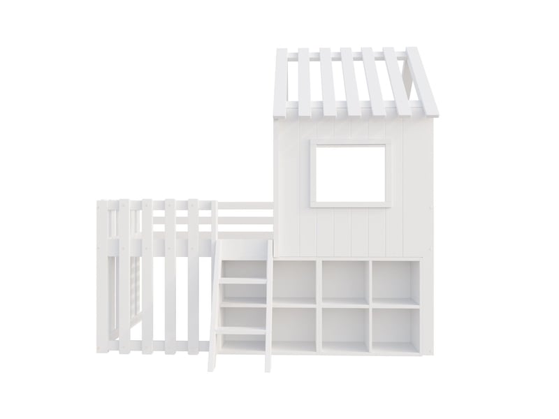  Lit superposé enfant 90x200, garde-corps haut sécurité renforcée lit superpose cabane, structure bois massif, rangement intégré  - Conforama E