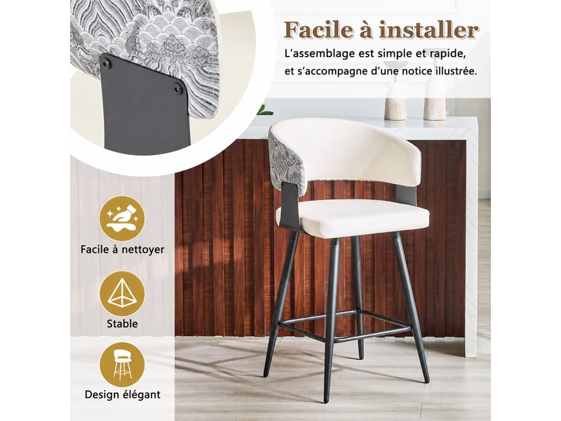  Tabourets de bar avec dossier, lot de 2, simili blanc, métal, hauteur d’assise 64 cm  - Conforama D
