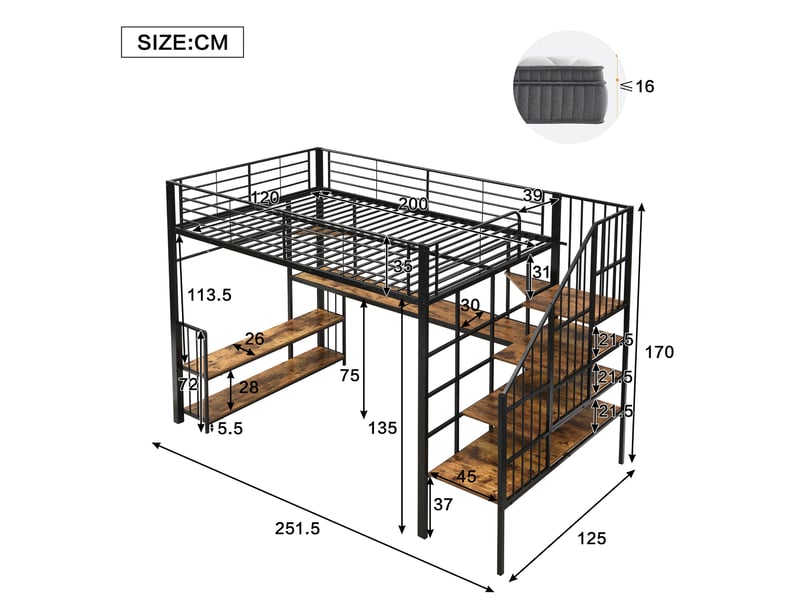 Lit mezzanine 120 x 200 cm, ports usb, barre de penderie, étagères de rangement, escalier, pour la chambre, métal et mdf, noir et noyer foncé ABC - Conforama C