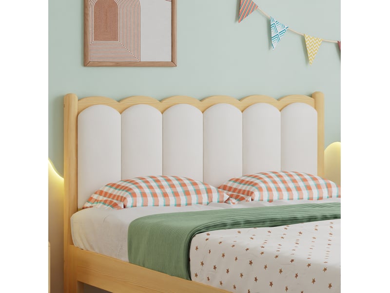  Lit enfant 90x200 cm avec tête de lit rembourrée en pu beige et bois naturel  - Conforama R