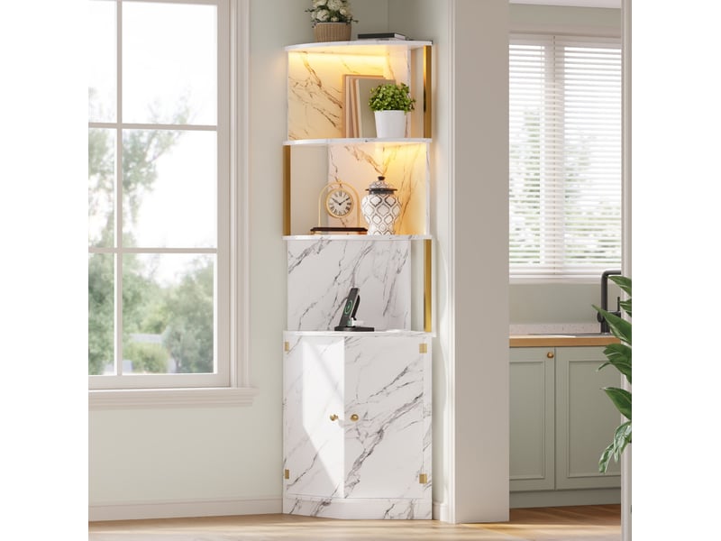  Meuble d'angle avec portes et niches ouvertes, rangement vertical, style marbre, pour cuisine et salon, mdf blanc, 38 × 38 × 180 cm  - Conforama C
