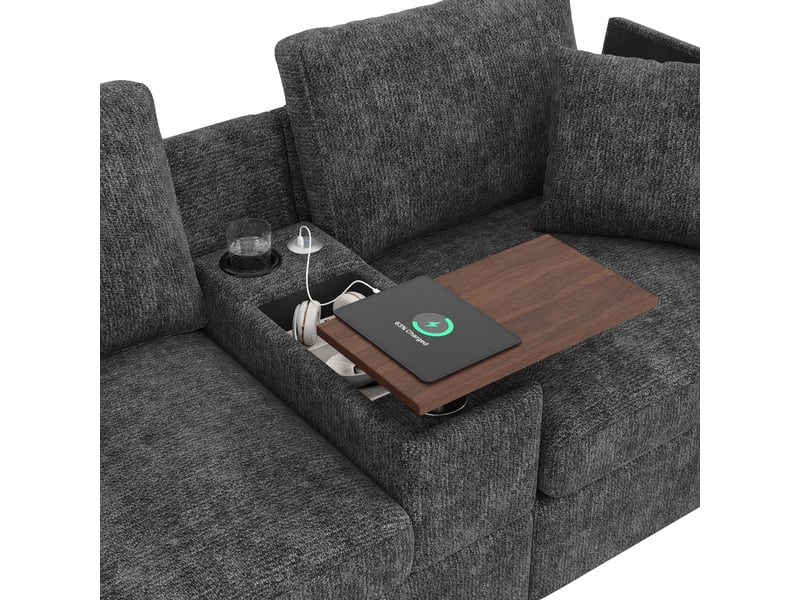  Canapé d'angle modulable gris avec ottoman, ports usbtype-c, table pivotante 360°  - Conforama E