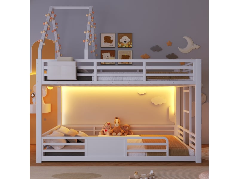  Lit superposé modenvie 140 x 200 cm avec structure toit, led multicolores, poches en tissu, métal et mdf blanc  - Conforama D