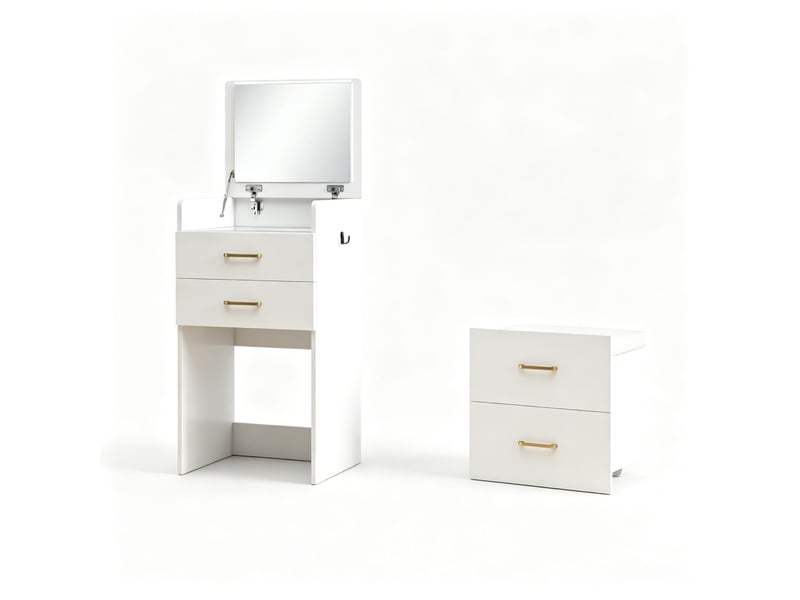 Coiffeuse 3 en 1 avec miroir rabattable 48x40x90 cm-3 tiroirs-plateau en verre-tabouret rembourré à roulettes-blanc  - Conforama A