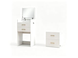 Coiffeuse 3 en 1 avec miroir rabattable 48x40x90 cm-3 tiroirs-plateau en verre-tabouret rembourré à roulettes-blanc
