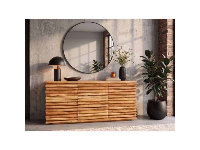 Buffet savana 160 cm en bois massif d'acacia verni – 2 portes, 3 tiroirs et façades sculptées - Conforama B