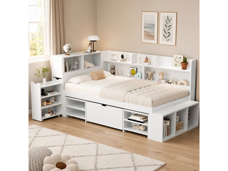 Lit enfant simple 90×190 cm avec tiroirs, étagères et rangements  - sans matelas, contreplaqué - blanc  - Conforama C