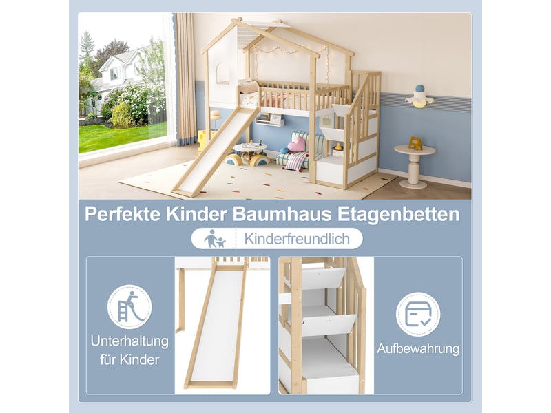 Lit mezzanine enfant 90x200 avec toboggan, structure cabane en bois massif, échelle de rangement, barrières, naturel et blanc  - Conforama D