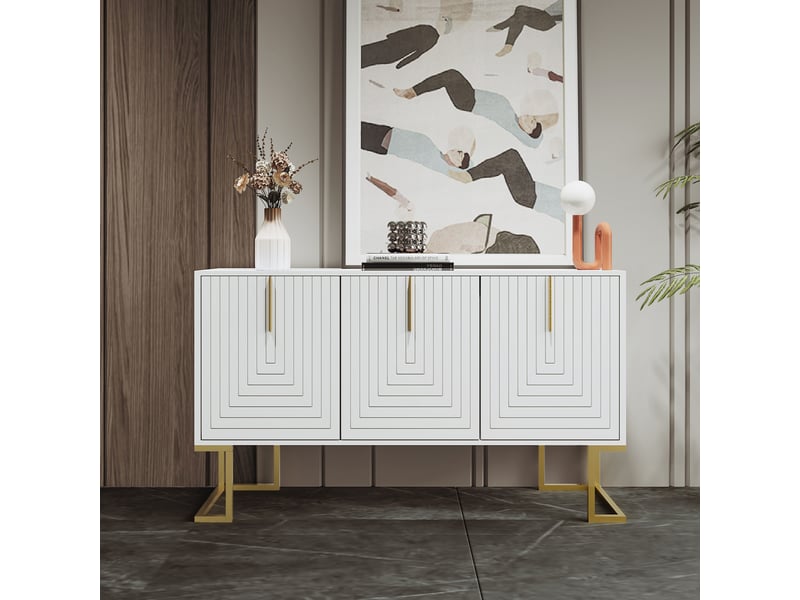 Buffet 3 portes 138 x 40 x 80,5 cm, étagères réglables, façades rainurées, poignées métal, blanc Jamama eleni - Conforama E