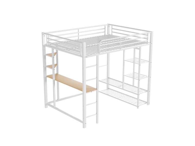  Lit enfant 90x200cm, lit mezzanine avec bureau, étagères, escalier, espace de rangement et sommier, mdf+métal, blanc, sans matelas  - Conforama R
