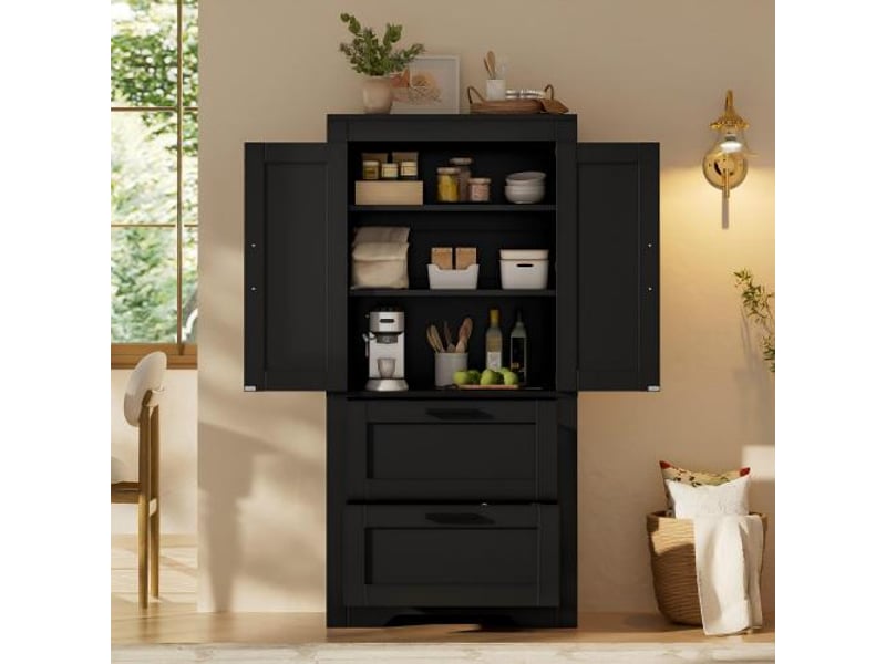  Buffet de cuisine style campagne noir – armoire latérale porte de grange, 2 tiroirs, rangement cuisine  - Conforama E