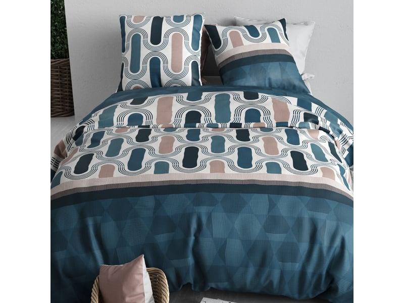  Parure housse de couette 260x240cm + 2 taies motif pop rétro bleu et rose 100% coton - leana LEANA - Conforama C