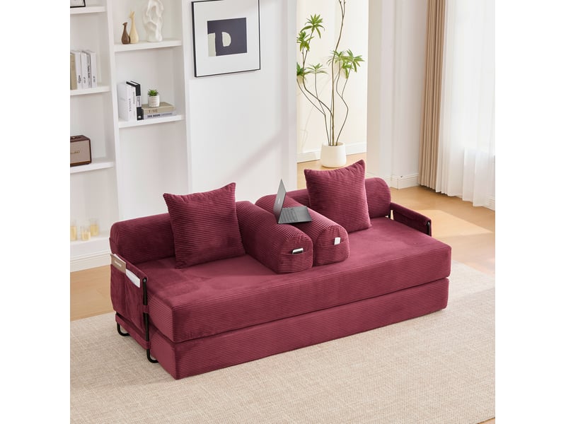  Canapé modulaire avec poche latérale, 3 coussins et forme libre en velours côtelé rouge bordeaux, 200 × 94 × 67 cm  - Conforama B