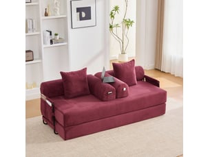 Canapé modulaire avec poche latérale, 3 coussins et forme libre en velours côtelé rouge bordeaux, 200 × 94 × 67 cm