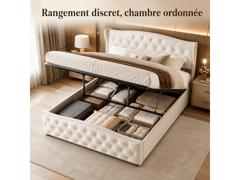 Lit 160 x 200 cm en velours, lit rembourré avec coffre de rangement hydraulique, lit double avec sommier à lattes et tete de lit capitonné, décor avec boutons,2 personnes, sommier à lattes, chambre adulteado, cadre de lit velour…  - Conforama B