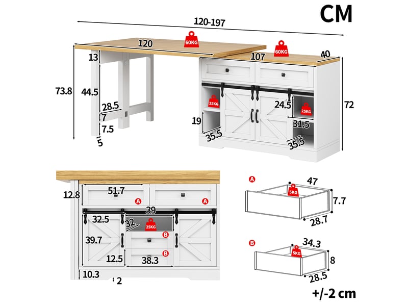 Îlot de cuisine 120x40x72 cm, table à manger et à plateau pivotant, structure en mdf, meuble cuisine, couleur blanc - Conforama C