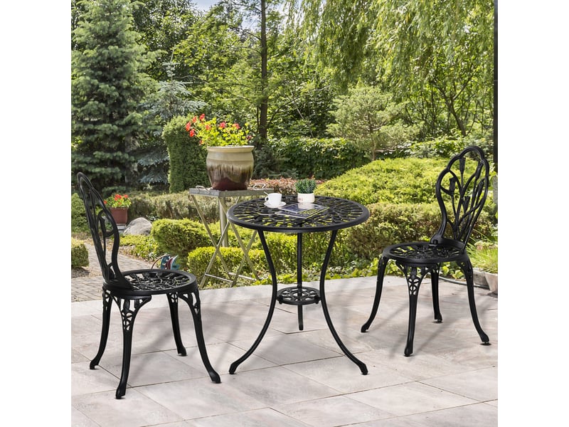  Ensemble table et chaise de jardin avec 1 table ronde et 2 chaises pliantes avec trou pour parasol, aluminium noir  - Conforama B