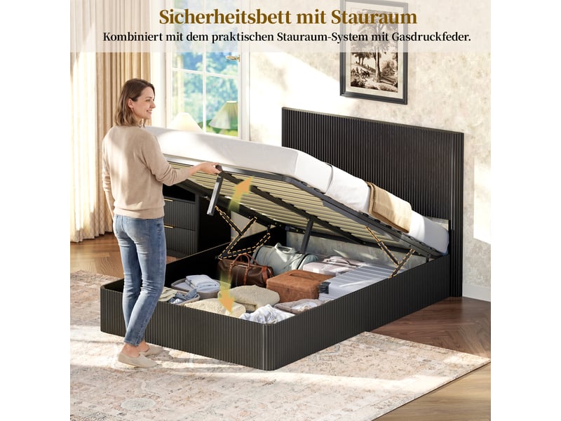 Lit double à vérins 140 x 200 cm, cadre de lit adulte avec sommier lattes, noir, lit double rembourré  - Conforama E