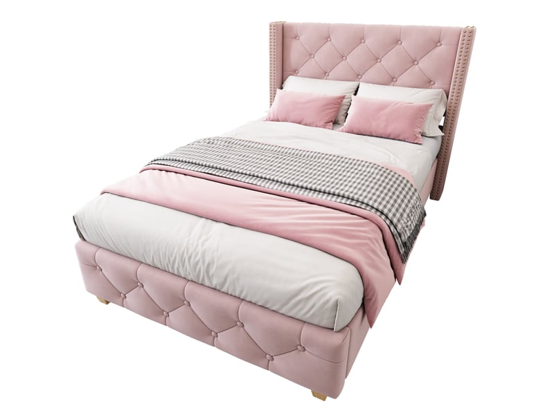  Lit simple 90x200 cm en velours rose avec sommier à lattes et tête de lit  - Conforama A