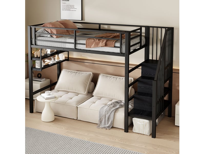  Lit mezzanine enfant 90x200 cm avec escalier de rangement et étagères noir  - Conforama E