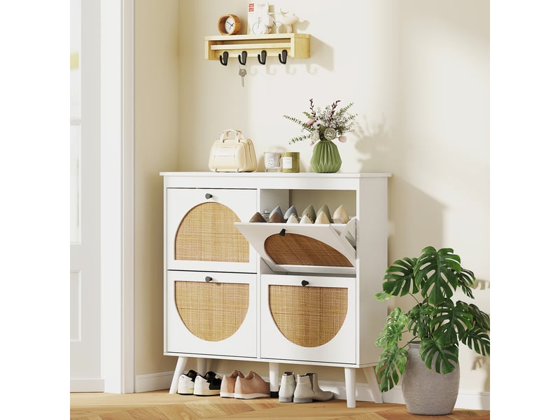  Meuble à chaussures 4 abattants 20 paires étagère réglable style bohème pieds en bois massif 105 x 24 x 97,5 cm blanc  - Conforama B