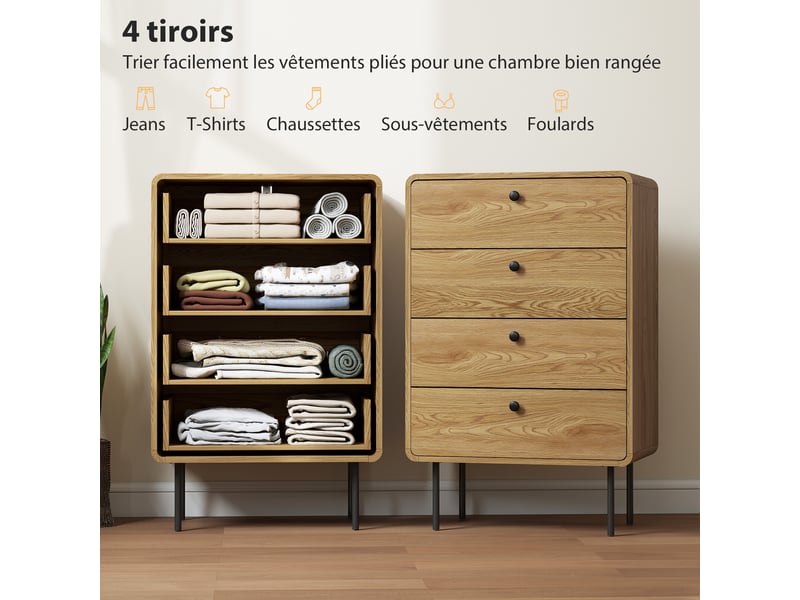  Commode 4 tiroirs, meuble de rangement étroit avec pieds en acier, coins arrondis, chêne, 60 x 39 x 91,5 cm  - Conforama A