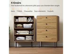 Commode 4 tiroirs, meuble de rangement étroit avec pieds en acier, coins arrondis, chêne, 60 x 39 x 91,5 cm