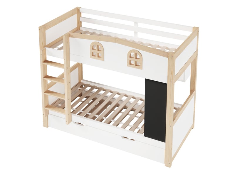 Lit superposé 90x200 cm - avec lit gigogne, espace de rangement et tableau noir amovible - mdf - blanc (sans matelas) - Conforama W