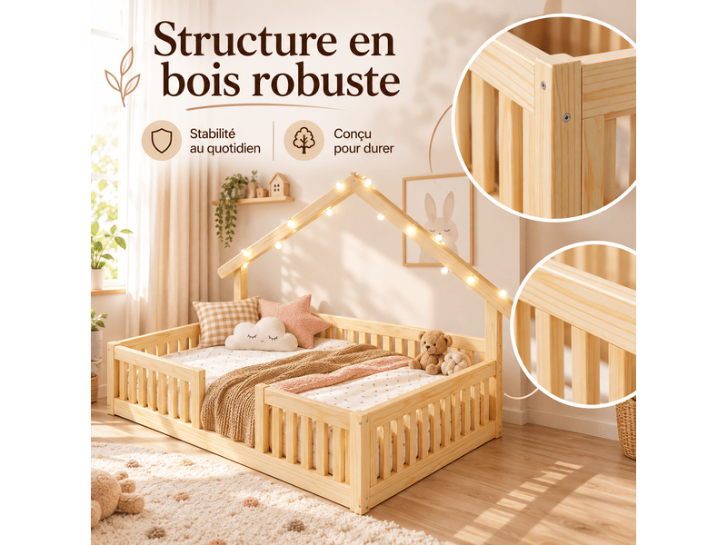  Lit cabane enfant 140x200 cm en bois avec barrières de sécurité, lit au sol avec guirlande led, cadre maison pour chambre enfant - naturel  - Conforama D