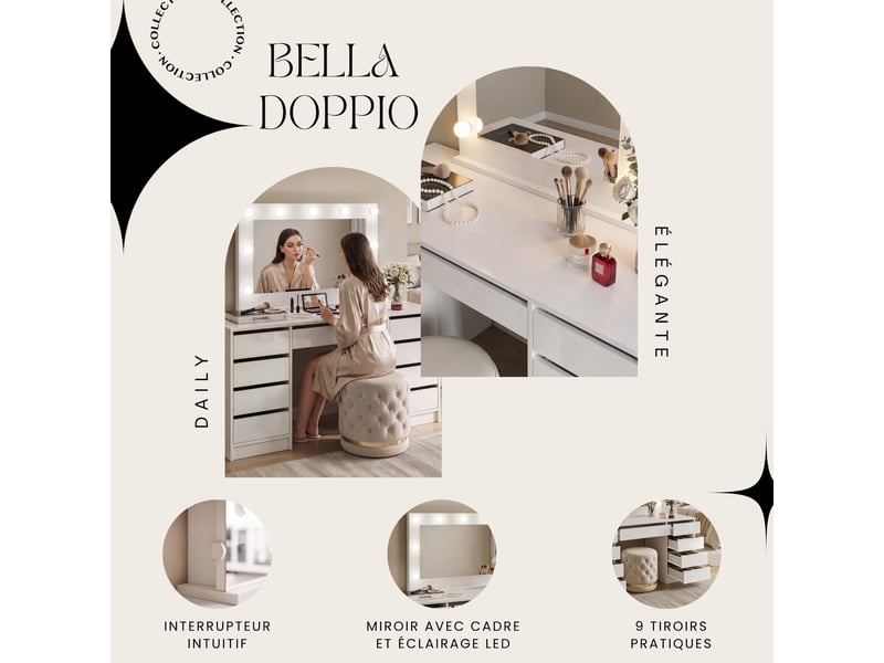  Coiffeuse bella doppio - avec miroir - éclairage led - 150x55x78 cm - blanc brillant BELLA - Conforama C