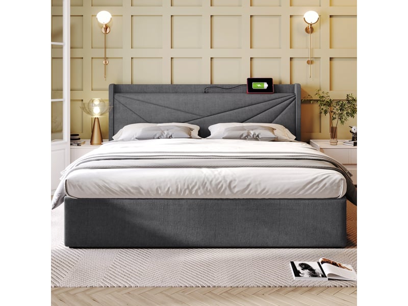  Lit capitonné double 160x200 cm en lin et coton gris, coffre intégré, usb type-c, tête de lit, matelas fourni  - Conforama E