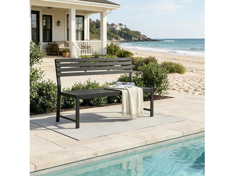 Banc de jardin extérieur 115 x 55 x 85 cm avec dossier, métal noir et lames ps - Conforama E