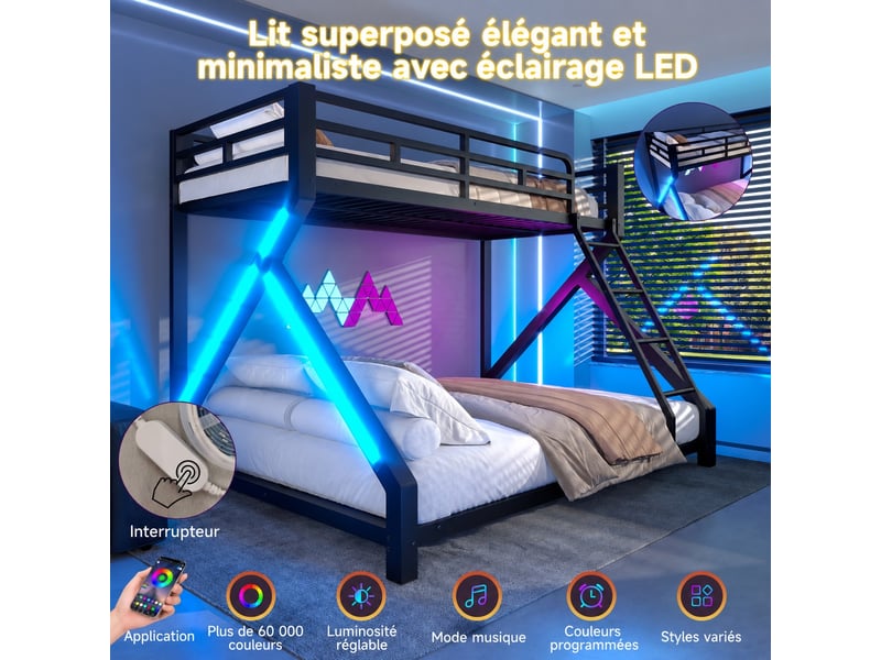  Lit superposé en métal noir 90 x 200 et 140 x 200 cm avec éclairage led, échelle et barrières pour chambre enfant  - Conforama D