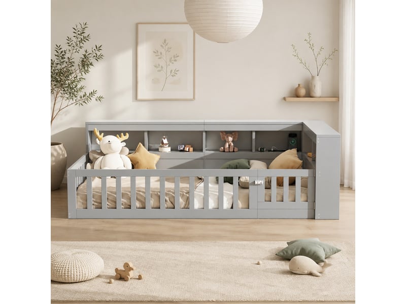  Lit banquette enfant 90×200 cm usb, prise, rangement et barrière  - sans matelas, panneaux de bois - gris  - Conforama B