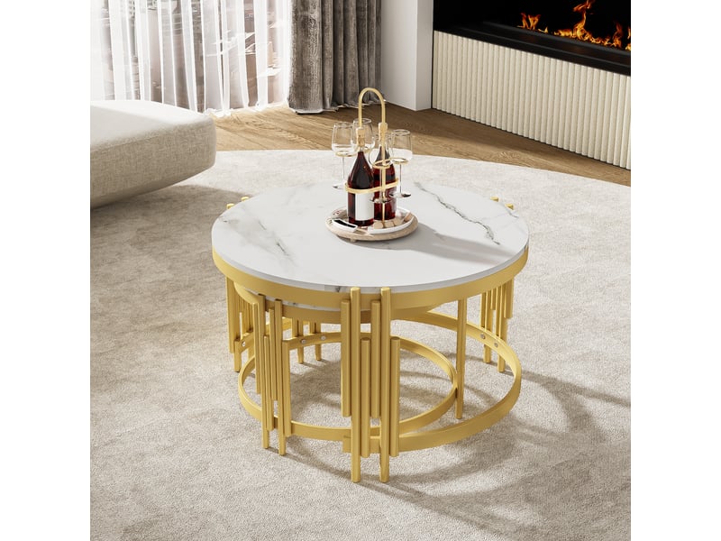  Tables basses 71,5x71,5x44 et 51,5x51,5x37 cm gigognes, 2 plateaux ronds en mdf décor marbre, métal doré et blanc ABC - Conforama B