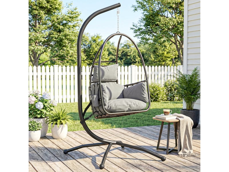 Fauteuil suspendu œuf avec support panier pliable, coussin appui-tête, poche latérale, capacité de charge 120 kg, gris foncé - Conforama C
