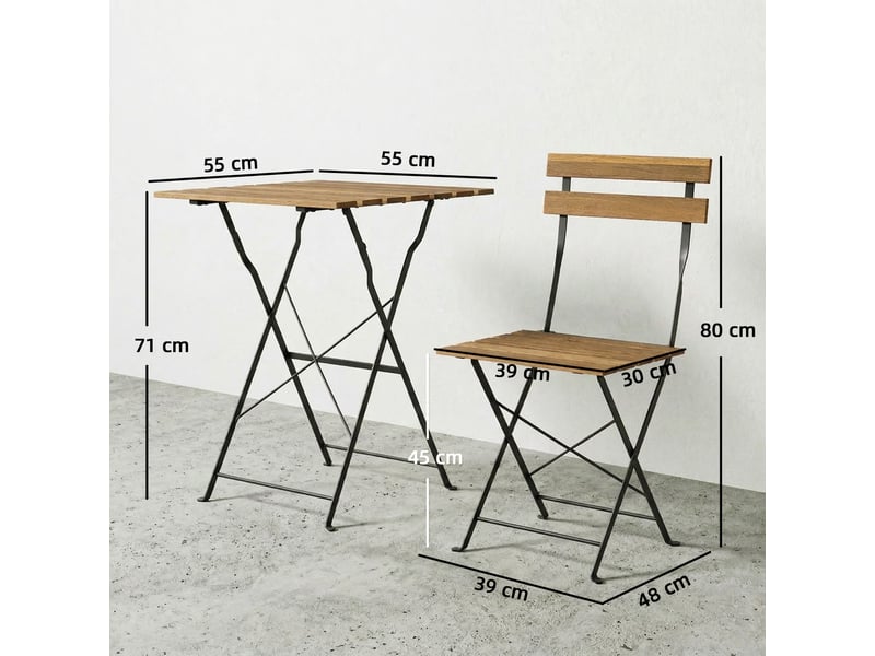 Salon de jardin bistrot 3 pièces table et 2 chaises pliantes bois acacia et métal - Conforama C