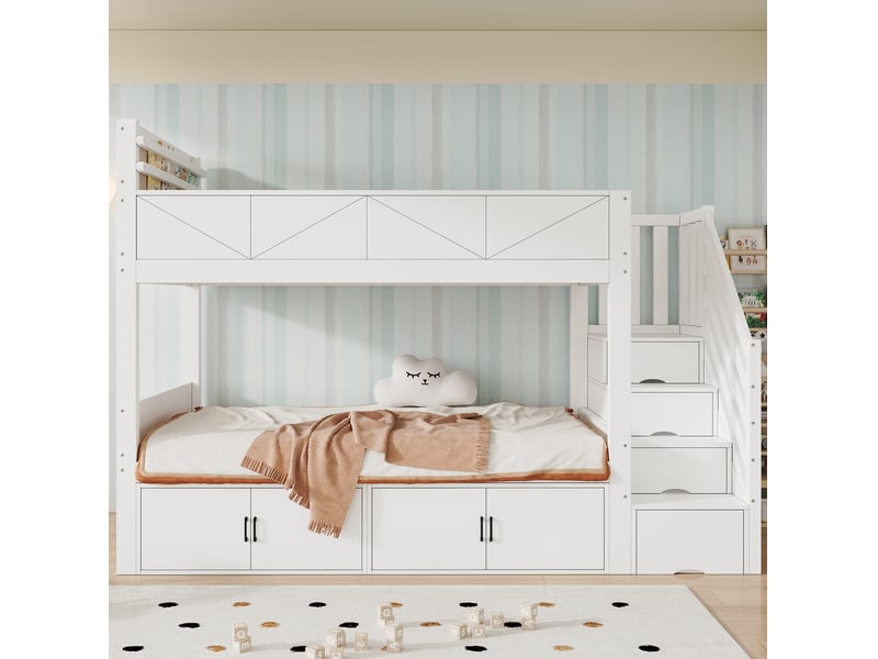  Lit superposé 90x200 cm avec escalier de rangement, rangements sous le lit, sécurité renforcée, panneau, bois et mdf, blanc sans matelas  - Conforama C