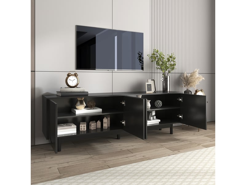  Meuble tv noir 175 x 38 x 56 cm, tablettes réglables, portes push-to-open, style luxe, noir  - Conforama D
