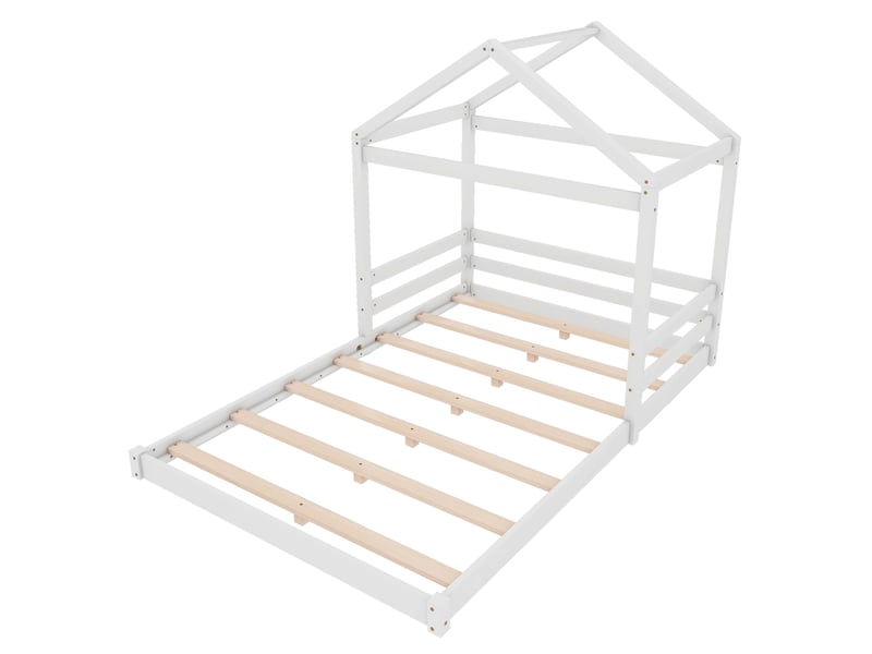  Lit cabane enfant minimaliste en pin blanc avec sommier à lattes, 140x200 cm  - Conforama E