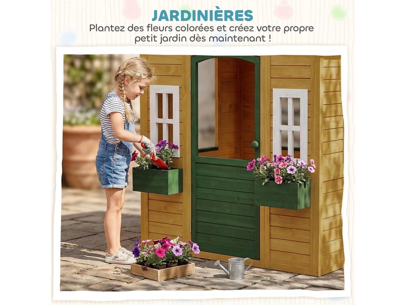  Cabane enfant extérieur en bois, maison enfant extérieure avec porte, fenêtres, 2 bacs à fleurs, marron, 134,5x97x150cm  - Conforama E