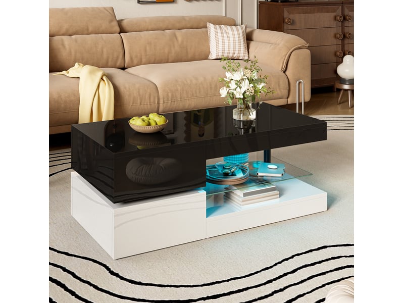  Table basse rectangulaire 90x45x35,5 cm avec led, étagère en verre, design contrasté noir et blanc, salon, aggloméré  - Conforama D