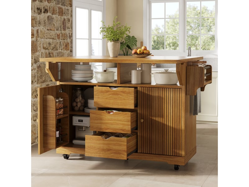Desserte de cuisine avec rallonges rabattables, chariot de cuisine hauteur ergonomique 95 cm, 3 tiroirs et roulettes, marron foncé - Conforama B
