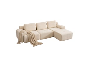 Canapé d'angle modulaire avec assise profonde, mousse haute densité et pouf mobile en tissu côtelé blanc 305 cm