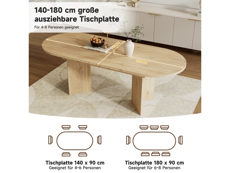  Table de salle à manger extensible 140-180x90x75 cm, 6 à 8 personnes, plateau épais et angles arrondis, design simple, mdf, effet chêne Sol Morn - Conforama E