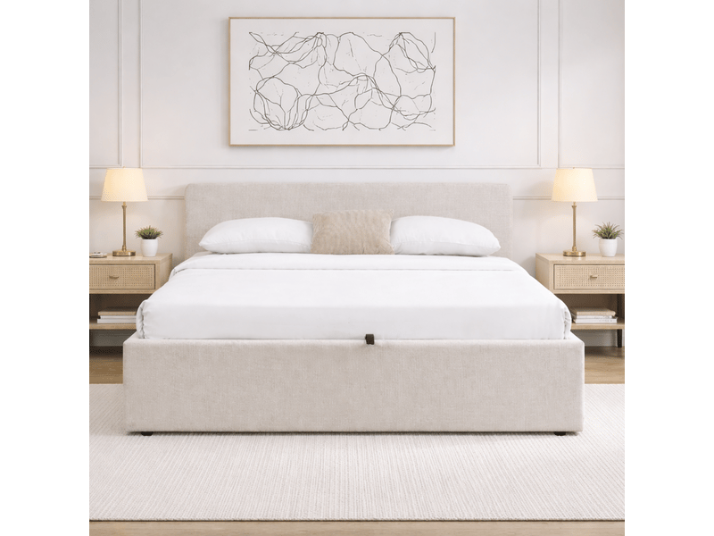 Lit coffre 140x190 cm avec tête de lit en tissu beige chiné - lior  - Conforama D