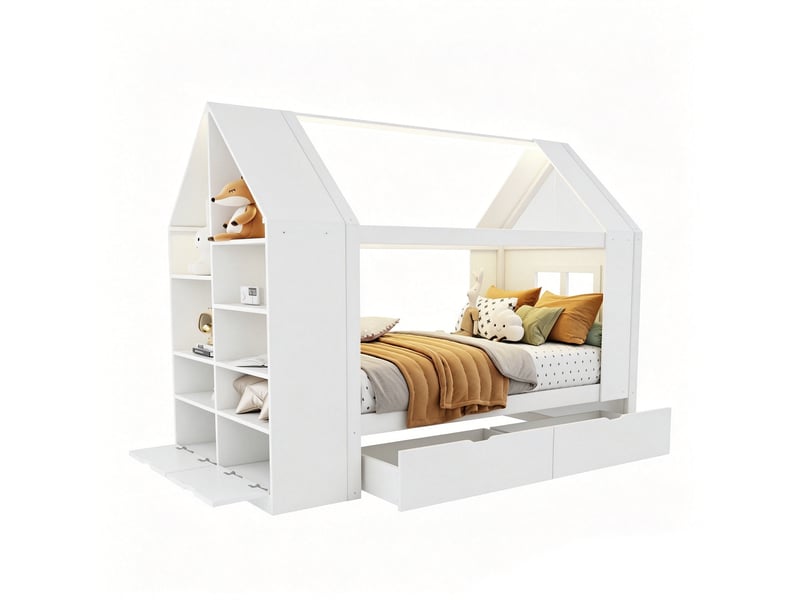  Lit cabane 90x200 cm, lit enfant, 2 tiroirs, led, forme maison, bois blanc  - Conforama B