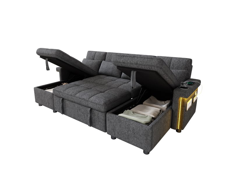 Canapé panoramique en u convertible avec coffres, led, usb-c, dossier réglable et chenille gris 268,5 × 141,5 × 90 cm - Conforama A