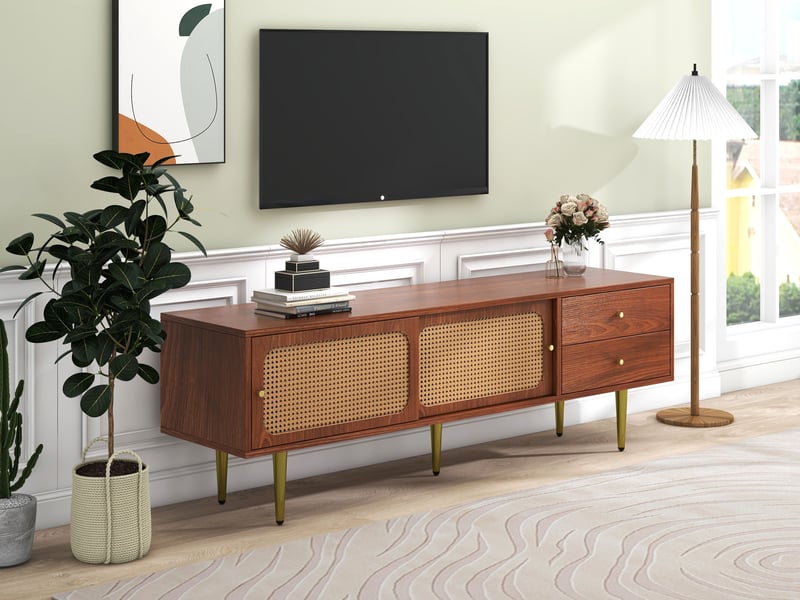  Meuble tv noyer 160 cm avec portes coulissantes en rotin pe et 2 tiroirs, support tv jusqu'à 70 pouces  - Conforama D